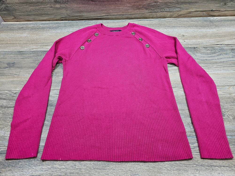 Chaps Women's Pink Ribbed Knit Button Shoulder Pullover Sweater Size Medium